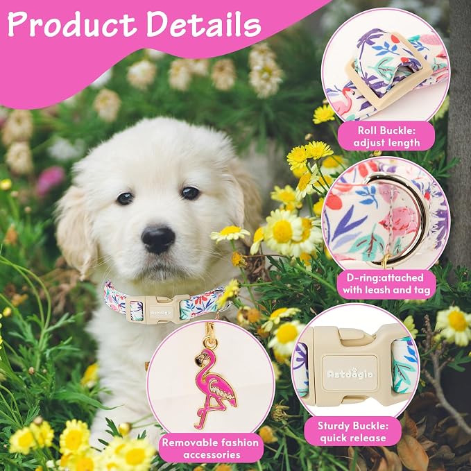 Summer Dog Collar for Extra Small Dogs，Cute Puppy Collars with Flamingo & Palm Leaves Parttern, Quick Release Buckle for Small Medium Large Dogs, Fashion Pet Collar for Girl Boy Dog-XS