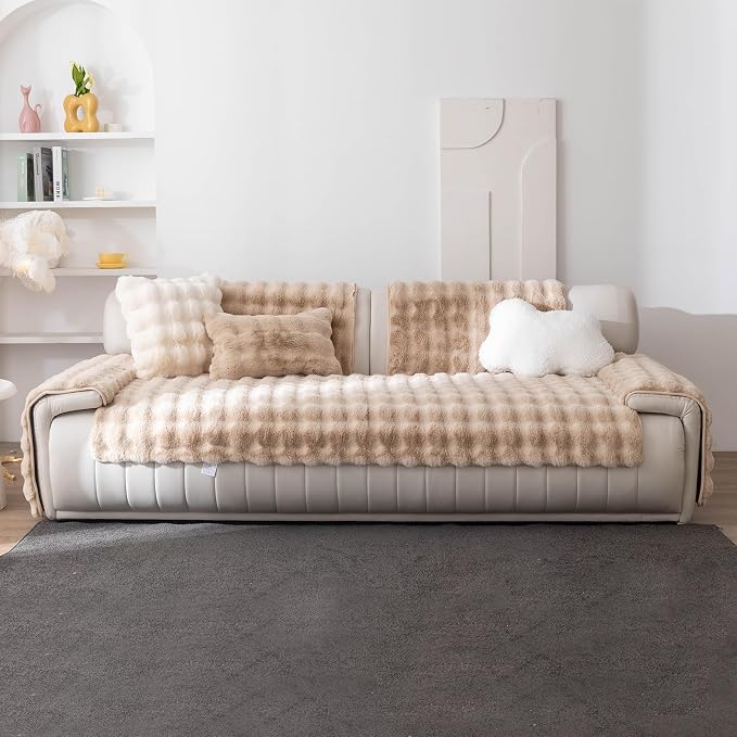 Faux Fur Couch Cover, Soft Warm Plush Sofa Couch Cover, Non Slip Sectional Sofa Slipcovers for L Shaped, Washable Furniture Protector for Kids, Dogs(Khaki, 36"x 94")