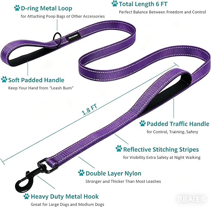 Heavy Duty Dog Leash - 2 Handles by Padded Traffic Handle for Extra Control, 6foot Long - Perfect for Medium to Large Dogs (Purple, 6 ft)
