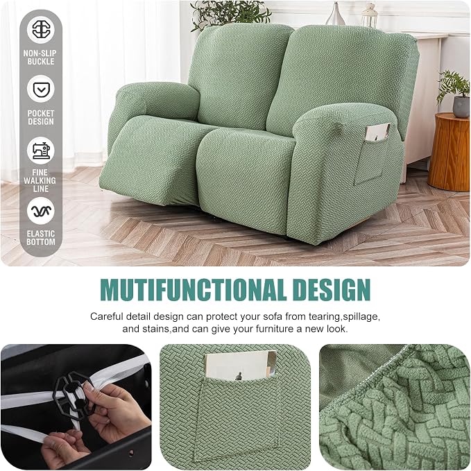 Genina Recliner Loveseat Cover Stretch Couch Covers Sofa slipcover for 2 Seat Reclining Couch Thick Jacquard Furniture Protector (Matcha Green)