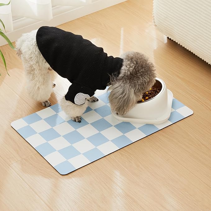 Checkered Dog Feeding Mat, Absorbent Mats for Dog Food and Water Bowl, Dispenser, Retro Aesthetic Cute Blue Checkerboard Pet Placemat for Dogs, Cats, Puppy Accessories, 12" X 19”