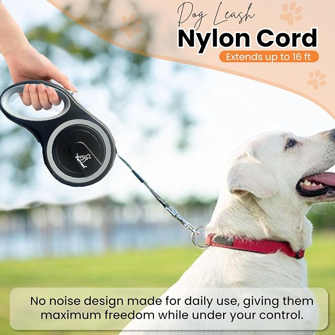Retractable Dog Leash – Extendable up to 16 FT, Heavy Duty Nylon Tape, No-Tangle, One-Handed Brake & Lock, for Small to X-Large Dogs up to 44 lbs (Black)