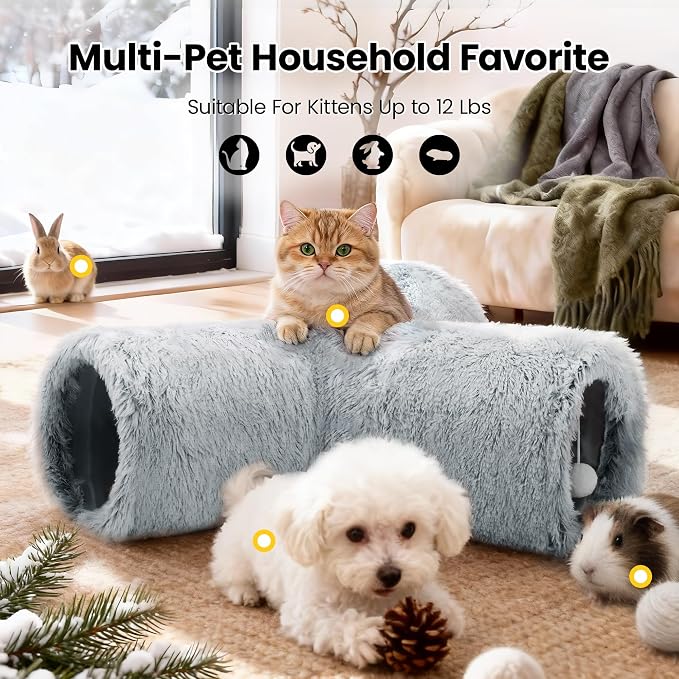 Tempcore Plush Cat Tunnel for Indoor Cats, 3 Way Collapsible Pet Play Tunnel with Teaser Wand, Peek Holes & Hanging Ball, Interactive Tube for Kittens & Rabbits, Light Grey