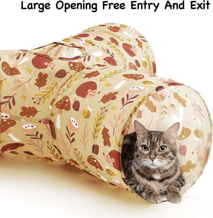 Tempcore Cat Tunnel for Indoor Cats, 3 Way Collapsible Pet Play Tunnel with Teaser Wand, Peek Holes & Hanging Ball, Interactive Tube for Kittens & Rabbits, Khaki Hedgehog