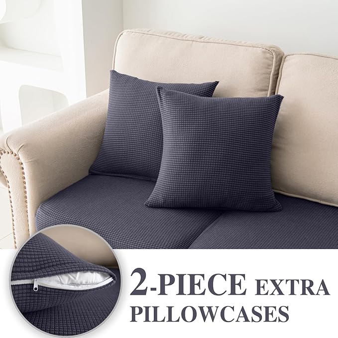 LA MEACK Couch Cushion Covers for Sectional Sofa L Shape Washable Separate Seat Chaise Couch Cover Stretch Sofa Slipcovers with 2 Pcs Pillowcases(2 Seater + 1 Chaise, Dark Grey)