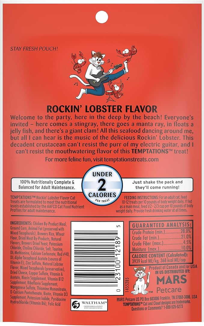 Temptations Classic Cat Treats, Rockin' Lobster Flavor, Crunchy and Soft Cat Treats 3 oz. Pouch (Pack of 12)