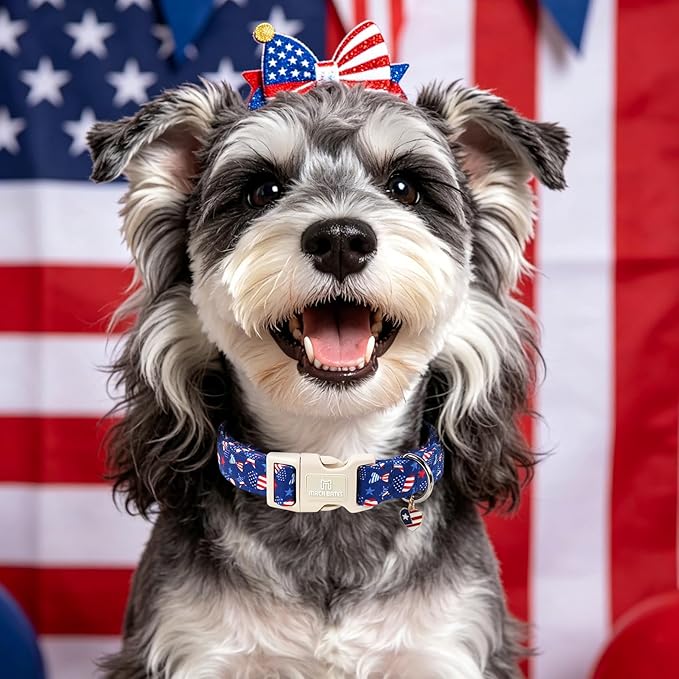 Maca Bates 4th of July Dog Collar with Patriotic Heart Charm for Medium Girl Boy Dogs, American Flag Pattern,Pretty Adjustable Durable Collars Blue Independence Day Gift for Male Female Puppy