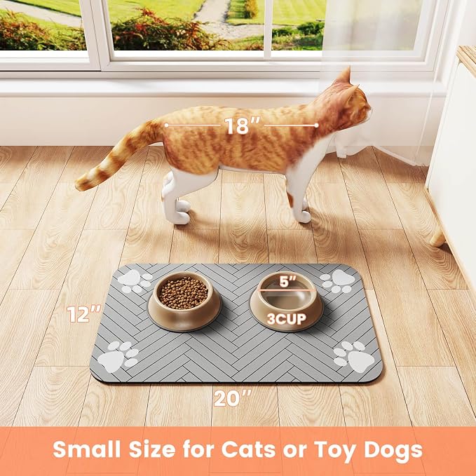 Pet Feeding Mat-Absorbent Pet Placemat for Food and Water Bowl, with Waterproof Rubber Backing, Quick Dry Water Dispenser Mat for Dog and Cat (24"x16", Striped Light Gray)