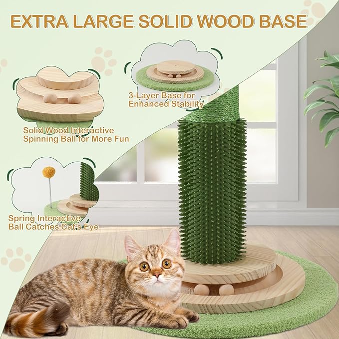 Cat Scratching Post, 45 Inch Tall Cat Scratcher Tree for Indoor Cats Adults with Natural Sisal Rope, Large Scratching Posts with Rubber Brush, 3-Layer Solid Wood Base and Balls Track Toy