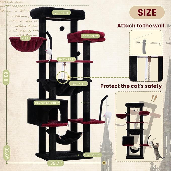 Gitelsnour Gothic Cat Tree, Cat Tower for Large Cats with 2 Big Platforms, 2 Baskets, condo and Toys, 63" Cat Scratching Posts for Indoor Cats, Black and red GCT020BR