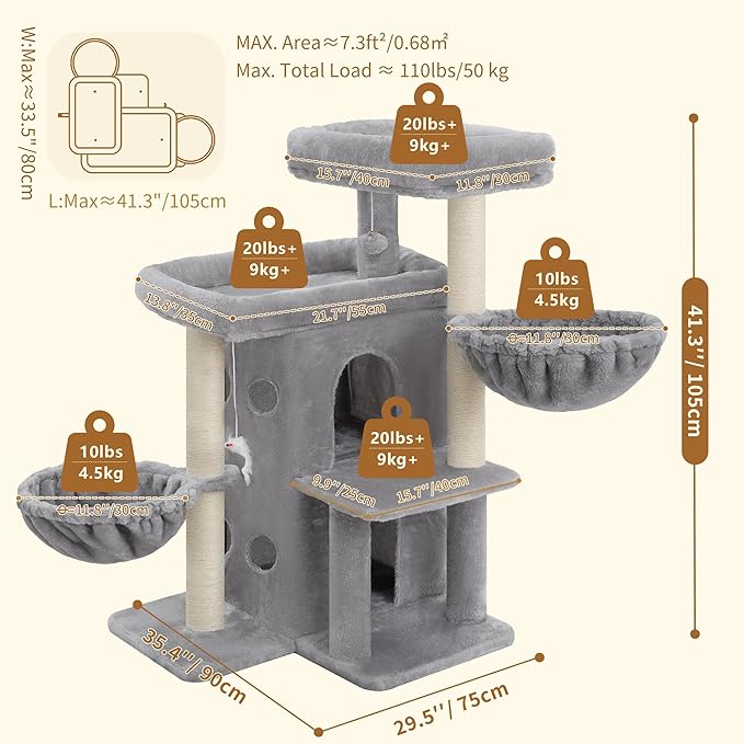 Heybly Cat Tree with Reinforced Big Base, 41.3-Inch Sturdy Cat Tower for Indoor Cats Featuring 2 Roomy Platforms, Double Cat Condo, 2 Cozy Baskets, Full Sisal Scratching Posts, Light Gray HCT075W