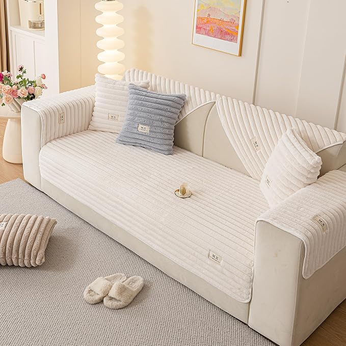Plush Warm Sofa Covers Washable, Sectional Couch Covers for Single Seater Pet Friendly, Funny Fuzzy Couchs Cover for Dogs, Non-slip Dog Couch Cover Protector(1PC, Beige White, 35.4"×35.4")