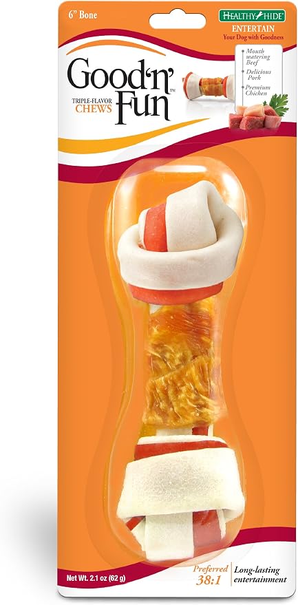 Good'n'Fun Good ’N’ Fun Triple Flavor Chews, Rawhide Treats For Dogs, 6-Inch Bone