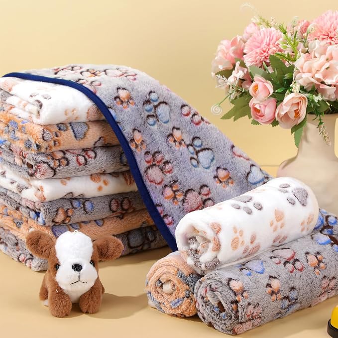 Chumia 40 Pcs Dog Blankets Soft Fluffy Fleece Washable Puppy Sleep Blankets Small Mat for Pets Throw Warm Bed Mat for Dog Puppy Cat (Brown,White,Black,Blue,Paw)