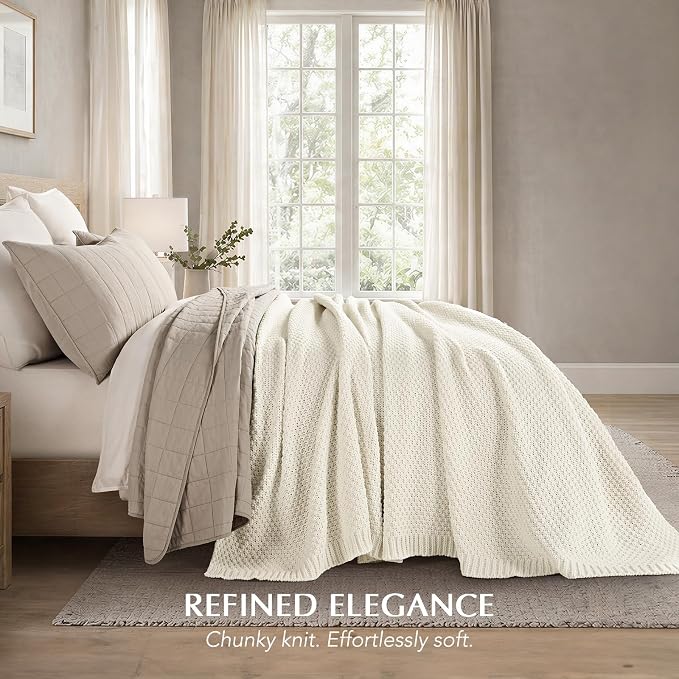 EVERGRACEHOME Chunky Chenille Knit Throw Blanket for Couch, Soft Luxurious Oversized Queen Moss Stitch Blanket for Bed, Cozy Farmhouse Knitted Throw for Sofa, Ivory White, 90" x 90"