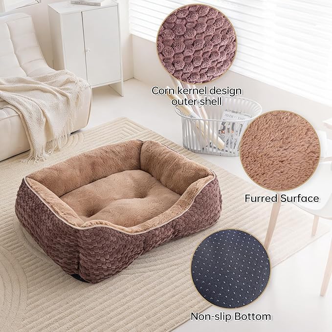 Plush Dog Bed Small, Brown, Machine Washable, Dog Beds Sofa with Pillow Support, 20x19Inch, Corn Kernel Design, Non-Slip Bottom, Thick PP Cotton Padding
