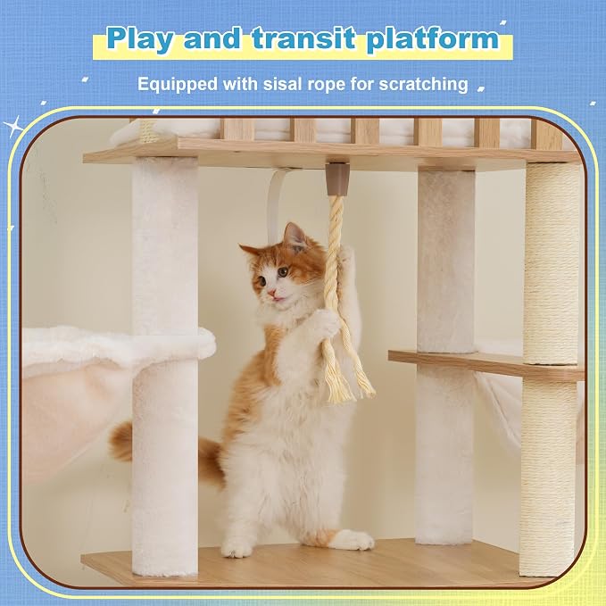 Hey-brother Wooden Cat Tree, 69.7 inch Cats Furniture Tower with Large Platforms, Hammocks, Spacious Condo, Full Sisal Scratching Posts, Ladder, Brush, Water Proof Surface, White Oak MPJ121BT