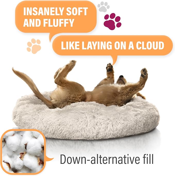 Active Pets Premium Small Donut Dog Bed, Fits Up to 45 lbs, Machine Washable Cushion, Plush Long Pile Faux Fur Fabric, Portable Beige Pet Bed Furniture for Puppies Adult Canines & Cats