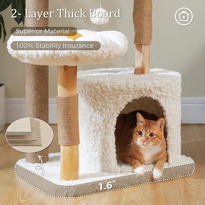 PETEPELA 48.5" Modern Cat Tree for Large Cats, Natural Solid Wood Cat Tower with Big Rattan Basket, Cozy Condo & Flower Cat Tree with Large Hammock for Indoor Cats, Kittens