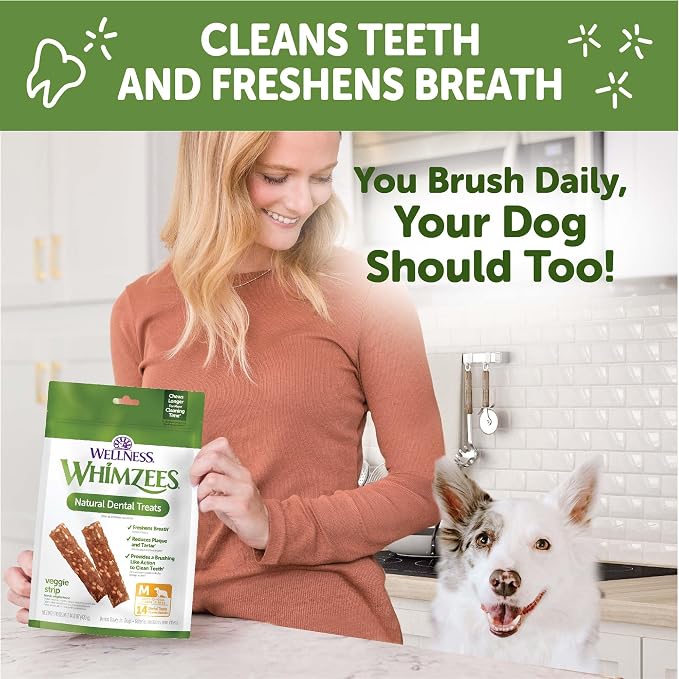 Whimzees Wellness Veggie Strip Natural Dog Dental Treat, Chews, Freshens Breath, Medium Size, 14.81 oz Bag, 14 Count (Pack of 2)