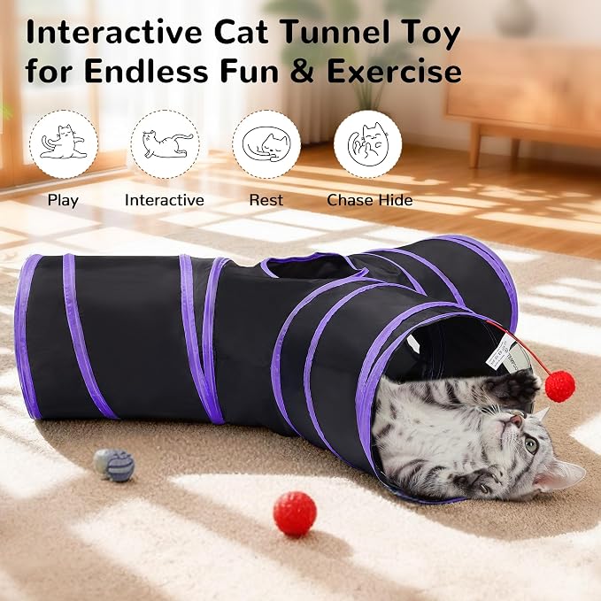 Tempcore Cat Tunnel for Indoor Cats, 3 Way Collapsible Pet Play Tunnel with Teaser Wand, Peek Holes & Hanging Ball, Interactive Tube for Kittens & Rabbits, Black & Purple