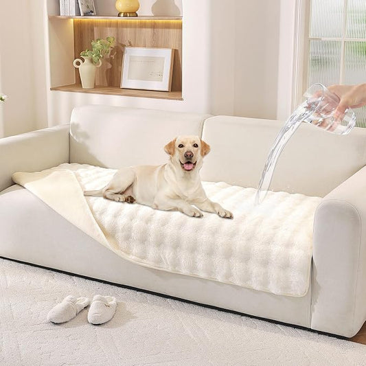 Waterproof Dog Bed Cover Non Slip Couch Covers for Dogs Washable Soft Faux Fur Sofa Cover Couch Covers for 3 Cushion Couch Sofa Pet Friendly (Off White)