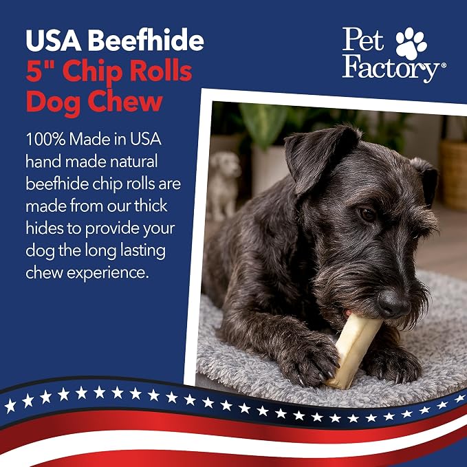 Pet Factory 100% Made in USA Beefhide Chip Rolls Dog Rawhide Chews,Thick,Dog Chews Long Lasting from American Cattle,Dog-Chew Bones,5 Inches,22 Count (Pack of 2)