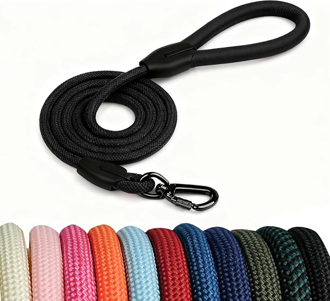 Rope Dog Leash, |Comfortable Leather Handle, Resistant to Dirt and bite | Strong Nylon Pet Lead for Small, Medium, Large Dogs (Black, 6 FEET)