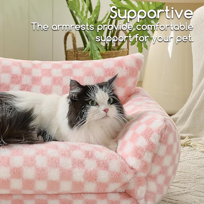 Hollypet Cat Bed Fluffy Plush Multifunctional Double-Layer Machine Washable Soft Warming Kitty Pet Couch Orthopedic Nest Beds for Small Cats Kitten and Dogs up to 13lbs, Pink and White(25x20x13 inch)