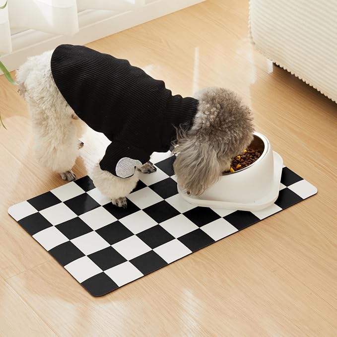Checkered Dog Feeding Mat, Absorbent Mats for Dog Food and Water Bowl, Dispenser, Modern Aesthetic Black White Checkerboard Pet Placemat for Dogs, Cats, Puppy Accessories, 12" X19”