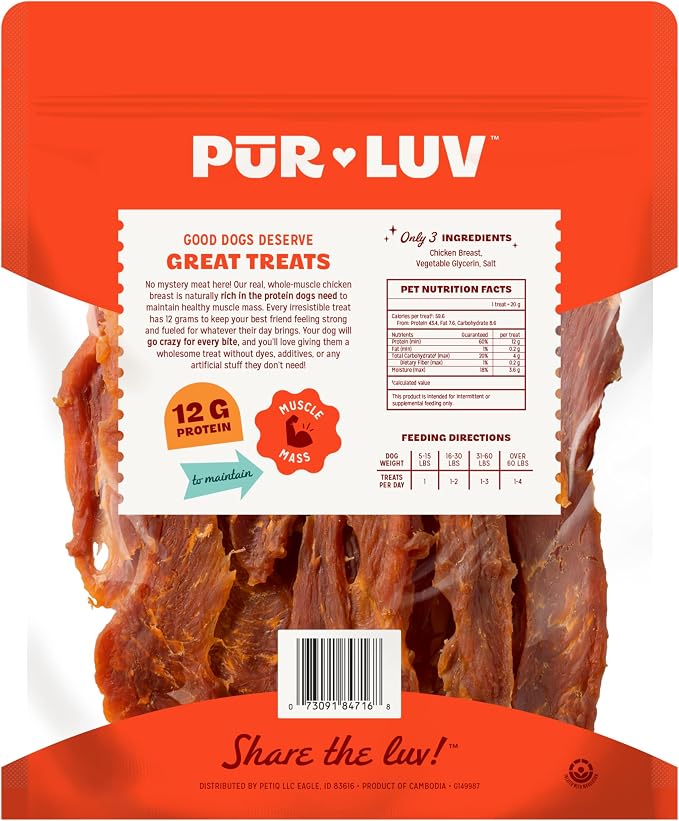 Pur Luv Chicken Jerky Dog Treats, Made with 100% Real Chicken Breast, 32 Ounces, Healthy, Easily Digestible, Long-Lasting, High Protein, Satisfies Dog's Urge to Chew