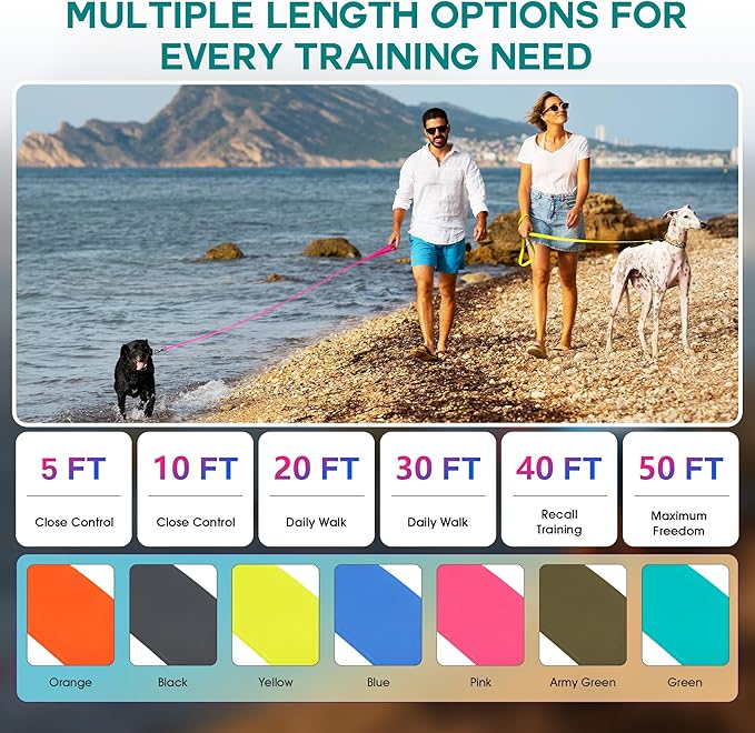 Wolfone 20ft Green Long Leash - Waterproof Training Dog Leash for Recall, Swimming, Camping, Beach, Hunting, Walking