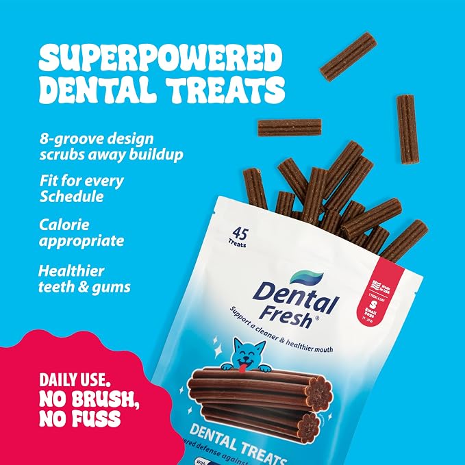 Dental Fresh Dental Treats for Small Dogs, Vet-Formulated Teeth Cleaning Dental Sticks to Help Reduce Plaque and Tartar and Freshen Breath, 45 Count Brush Free Dental Chews for Dogs 11 to 25 lbs