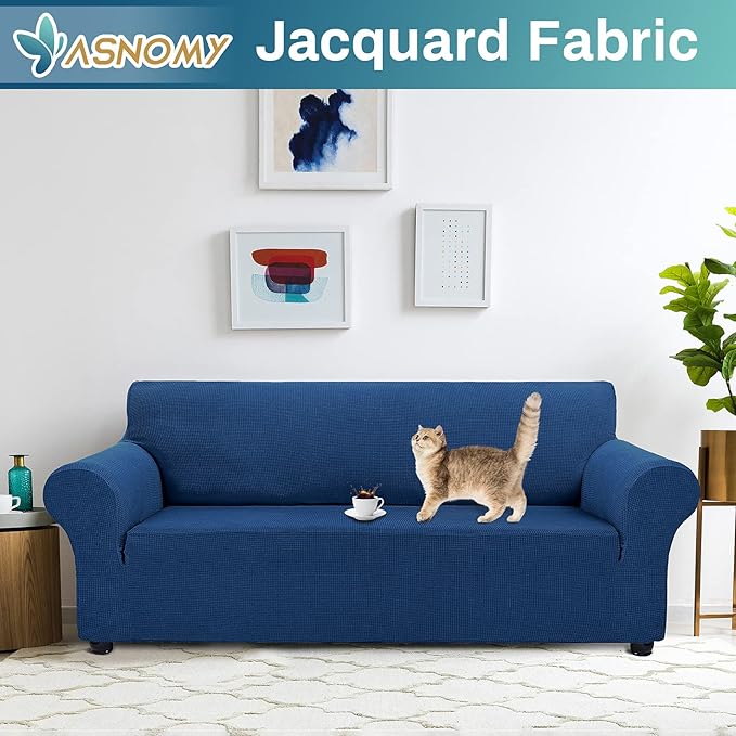 Asnomy Couch Covers for 3 Cushion Couch Stretch Sofa Covers Slipcovers, Pet Protector Furniture Covers for Dogs Cats Spandex Jacquard Fabric Small Checks （X-Large，Classic Blue）