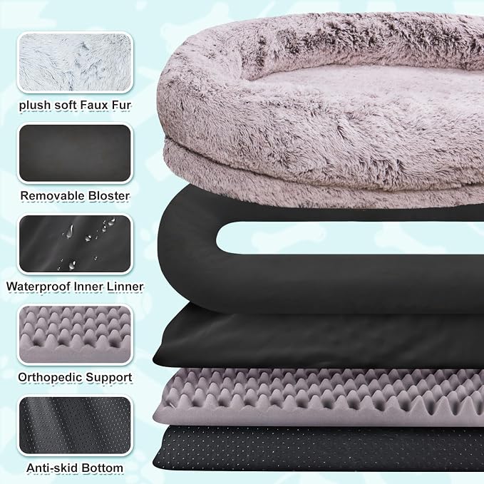 YAEM Human Dog Bed for Adult and Pets - 71"x45"x12" Dogs Beds for Humans with Washable Faux Fur Cover, Plump Pillow, Blanket, Orthopedic Design, Strap-RustWhite