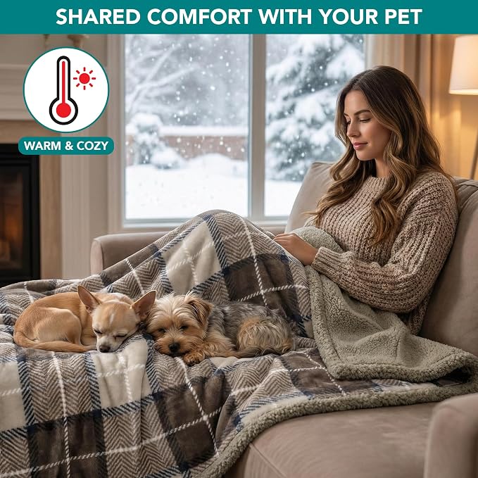 PetAmi Waterproof Dog Blanket for Couch, Pee Proof Sherpa Fleece Reversible Pet Throw, Furniture Protector for Bed Sofa Kennel, Soft Washable Cover for Small Medium Dog Puppy Cat, 29x40 Plaid Taupe