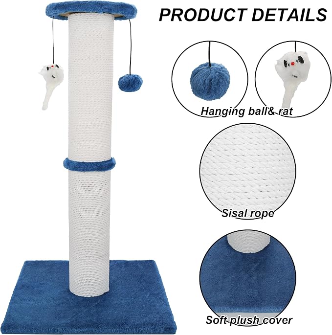 Cat Scratching Post 34 Inches Heavy Duty and Thicker Cat Scratching Post Sisal Rope with Hanging Ball and Mice Scratching Post for Indoor Cats and Adult(Navy Blue)