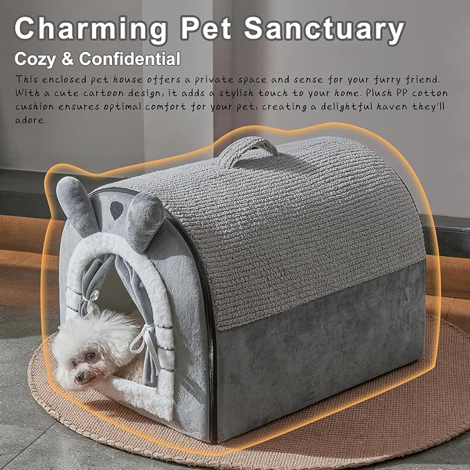 Jiupety Small Dog House Indoor, Cat House with Door Curtain Design, Puppy House with Reversible Washable Cushion, M Size Portable Pet Cave for 7-13 lb Cats and 5-11 lb Dogs, Non-Slip Bottom, Grey