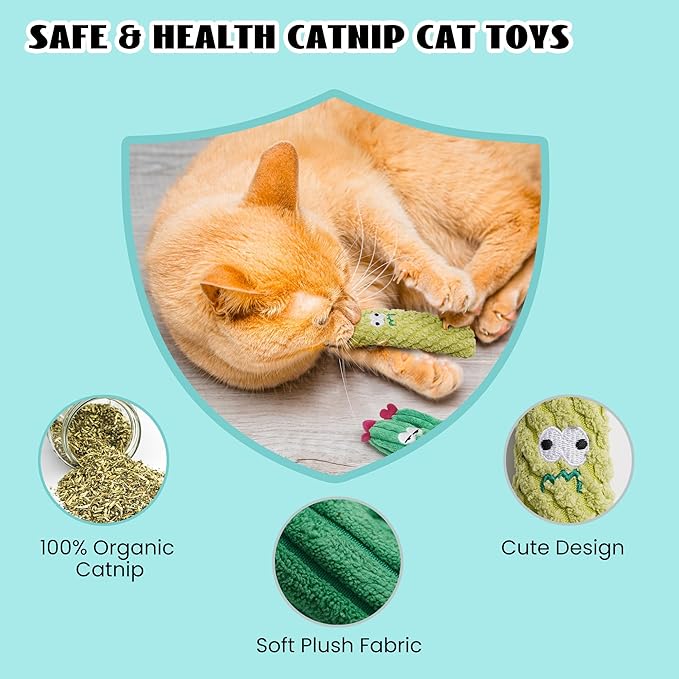 Pawsible Cat Toys for Indoor Cats, 100% Pure Organic Catnip-Filled Toys Without Cotton, Interactive Cactus Kitten Toy for Anxiety Relief, Soft Cute Teething &Chew Toys, 5 Pack