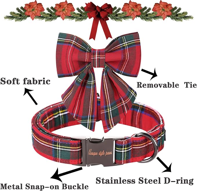 Unique style paws Christmas Dog Collar with Bow Tie Red Plaid Puppy Collar for Small Medium Large Dogs as Autumn Winter Gifts -XL