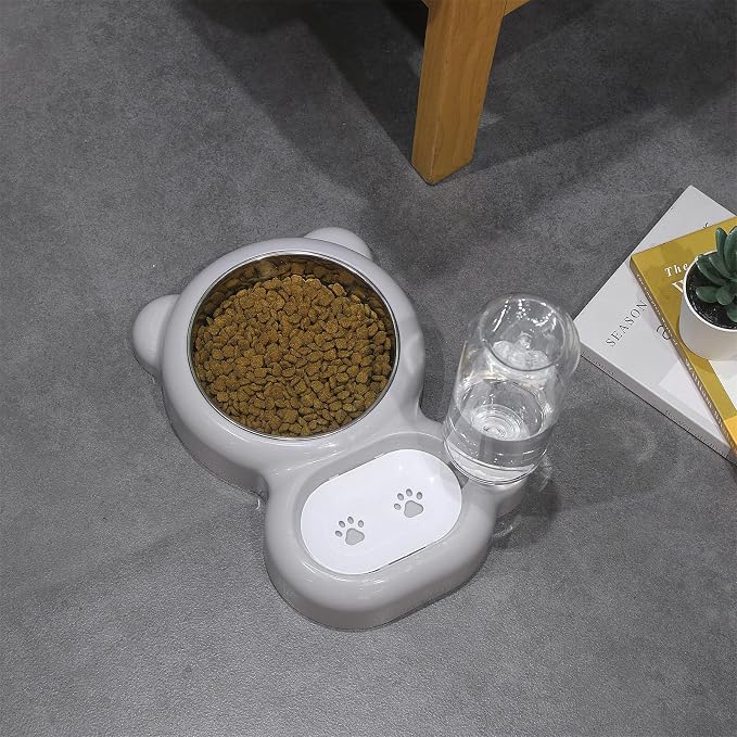 Double Dog Cat Bowls, Cat Food and Water Bowl Set with Auto-Water Dispenser and Stainless Steel Bowl Feeder for Small Size Dogs & Cats, Anti-Slip & Splash Design, Cute Gray