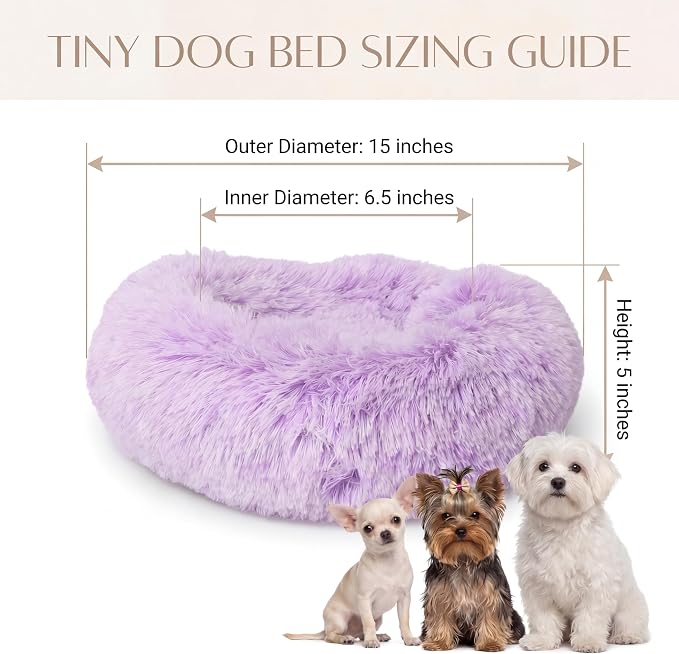 Tiny Dog Bed 15 Inch for Extra Small Dogs,Washable Puppy Bed,Soft Faux Fur Calming Donut Bed for Chihuahua Yorkie Maltese Pomeranian,Purple and White