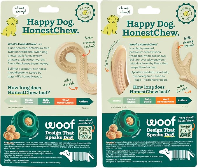 WOOF HonestChew Dog Toy Duo - Durable Dog Chews - Made with Plant-Based Ingredients - Splinter-Resistant - Safer Than Dog Bones - with HonestChew Antler and Infinity - Gift for Dogs - Small