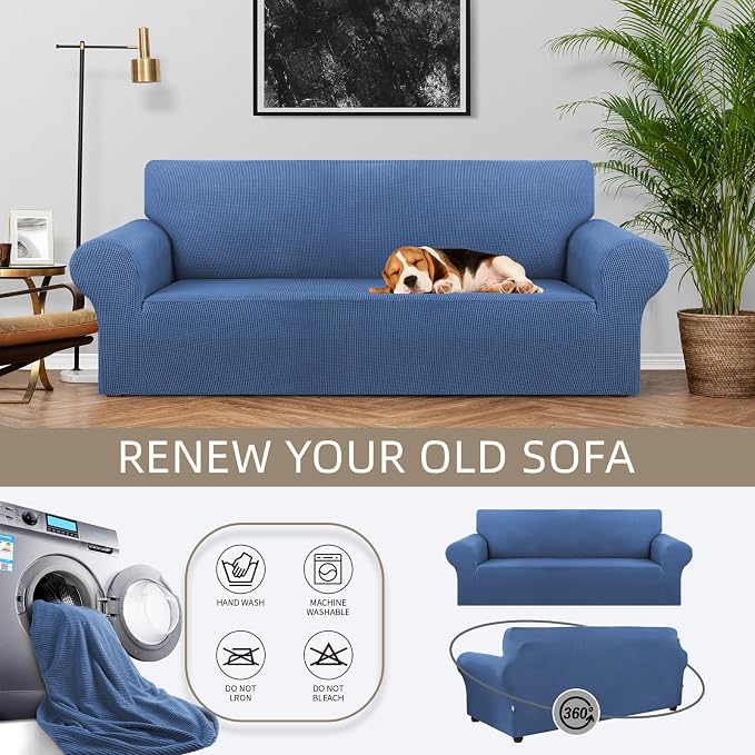 KEKUOU Stretch Sofa Cover Slipcover ，Couch Covers for 3 Cushion Couch Sofa pet Friendly (78"-94") Furniture Protector Sofa with Elastic Bottom for Kids,Dog, Jacquard Small Checked(Large,Riverside)