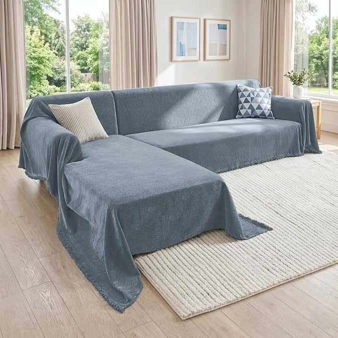 CAPALOCA Sectional Couch Covers, 2 Pieces Chenille Sofa Cover L Shaped Couch Cover Blanket for Dogs Washable Sofa Slipcovers Pet Furniture Protector (XXX-Large: 71" x 118" + 91" x 134", Blue)