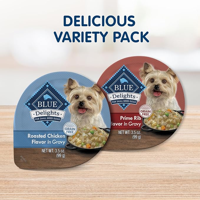 Blue Buffalo Delights Natural Adult Small Breed Wet Dog Food Cups, in Gravy, Chicken and Prime Rib 3.5-oz (12 Pack- 6 of Each Flavor)
