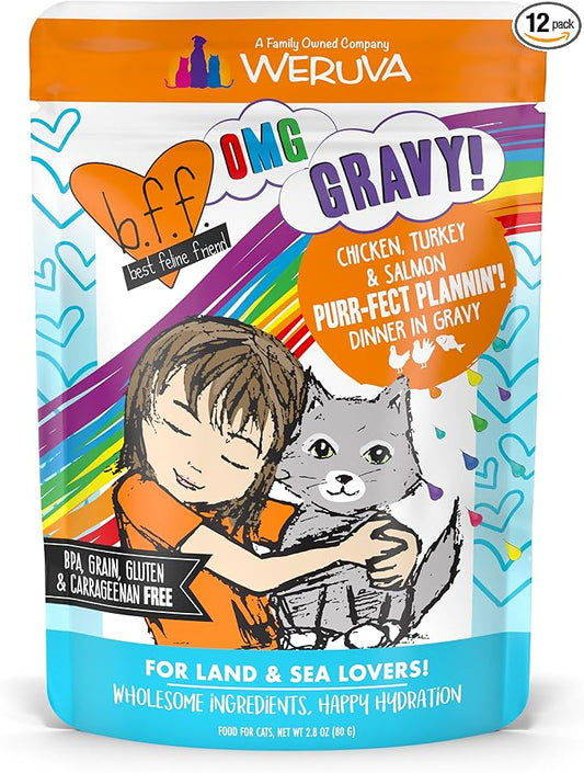 Weruva B.F.F. OMG - Best Feline Friend Oh My Gravy!, Purr-FECT Plannin'! with Chicken, Turkey & Salmon in Gravy Cat Food, 2.8oz Pouch (Pack of 12)