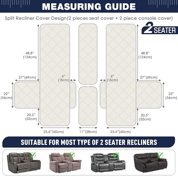 TAOCOCO Loveseat Recliner Cover with Center Console, 100% Waterproof Pet Cover for Dual Recliner with Straps Design, Split Reclining Loveseat Covers Furniture Pet&Kids Protector (2 Seater, Ocean Blue)
