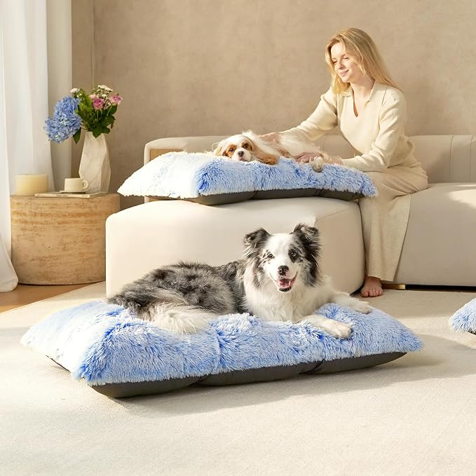 EHEYCIGA Fluffy Dog Crate Bed for Extra Large Dogs, Plush Faux Fur Crate Pad, Calming Anti Anxiety XL Dog Bed, Washable Soft Warm Mat with Non-Slip Bottom, Blue