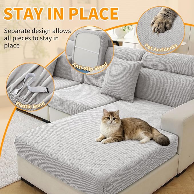 XINEAGE Chaise Cover for L Shaped Sofa,Sectional Couch Covers for Pets,Non Slip Sofa Seat Cover Washable,Sofa Slipcovers with Elastic Bottom(1 Piece Chaise Cover,Sliver Grey)
